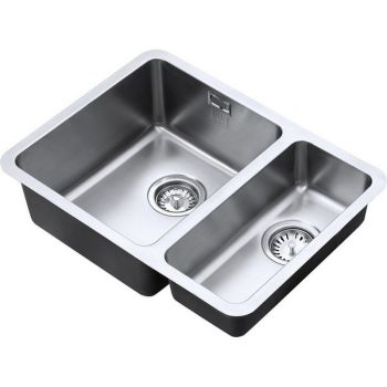 The1810 Luxsoplusduo25 1.5 bowl undermount stainless steel kitchen sink with satin finish featuring large main bowl and smaller secondary bowl with integrated drains