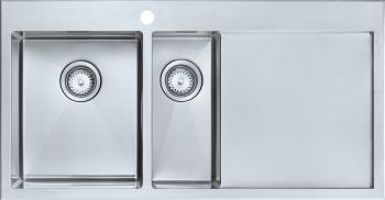 The1810 Razorduo 1.5 bowl stainless steel kitchen sink with integrated drainer overhead view showing dual bowls and satin finish