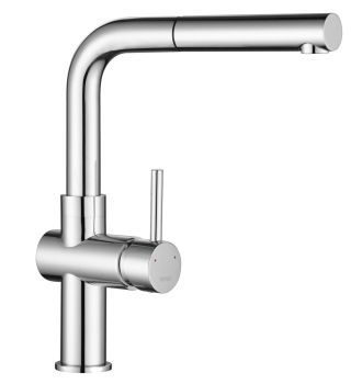 The1810 T230 Davanti pull-out spray kitchen tap with single-lever mixer  brass construction  swivel spout  and extended spray head. Chrome finish shown with dimensions.