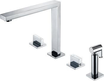 The1810 T270 Novanta four-hole brass kitchen tap with separate hand spray  dual lever mixer control  and component parts including aerator and deck-mounted controls shown in chrome finish