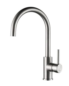 The1810 T521 Chiemsee single-lever kitchen mixer tap in polished stainless steel with curved swan-neck spout  shown against white background