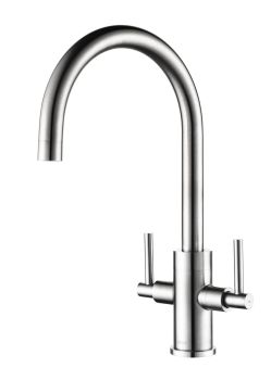 The1810 T522 Eibsee twin-lever kitchen mixer tap with curved swan-neck spout in brushed stainless steel finish  shown against white background
