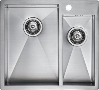 The1810 Zenduo 1.5 bowl stainless steel kitchen sink top-down view showing double bowl layout with satin finish and basket strainer waste fittings