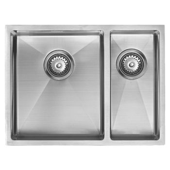 The1810 Zenduo15 1.5 bowl stainless steel inset undermount kitchen sink with satin finish showing top-down view of both bowls and basket strainer waste fittings