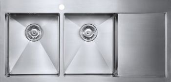 The1810 Zenduo15 stainless steel double bowl kitchen sink with satin finish showing two equal bowls with integrated drainers and right-side drainer board 1060mm x 510mm overall size
