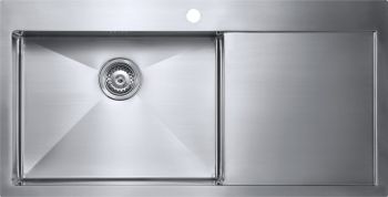 The1810 Zenduo15 stainless steel single bowl kitchen sink with integrated drainer 550mm bowl width satin finish top view showing basket strainer waste