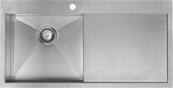 The1810 Zenuno 450mm single bowl stainless steel kitchen sink with integrated drainer shown in satin finish from above view