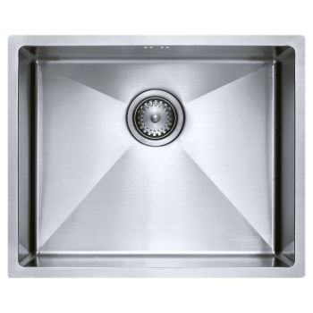 The1810 Zenuno15 500mm single bowl stainless steel kitchen sink with brushed finish shown from above with integrated waste basket strainer
