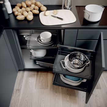 Swing Out Corner Storage, Premea Lava Grey Solid Base and Wire Baskets, Vauth-Sagel VS COR Fold
