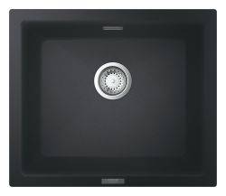 Grohe K700 black quartz composite single bowl kitchen sink  533mm × 457mm  top-down view showing 393mm wide bowl with chrome waste fitting