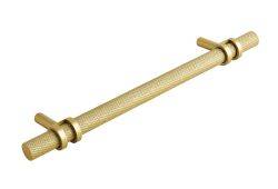 Hafele Barchester double ringed T-bar kitchen handle in satin brass iron with decorative ring detail at mounting points