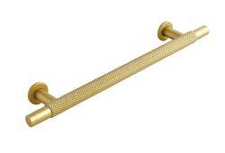 Häfele Barchester iron T-bar kitchen handle in satin brass with decorative washers  160mm fixing centres  shown at an angle