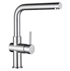 The1810 Davanti L Spout Kitchen Mixer Tap in brushed brass with single lever control and rotating L-shaped spout