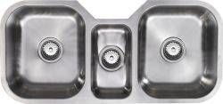 The1810 Etrotrio 960/450u 3-bowl stainless steel undermount kitchen sink with satin finish  showing three integrated bowls with basket strainer wastes