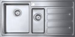 The1810 Forzaduo 150i 1.5 bowl inset stainless steel kitchen sink with satin finish  featuring dual bowls and integrated drainer areas  overhead view