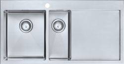 The1810 Razorduo 1.5 bowl stainless steel kitchen sink with integrated drainer overhead view showing dual bowls and satin finish