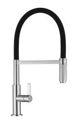 The1810 Spirale Knurled Professional Spray Kitchen Tap with pull-out spray hose and chrome finish  shown at full height with extending hose extended