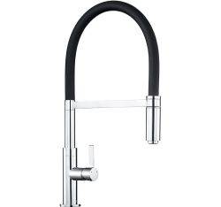 The1810 Spirale professional kitchen tap with pull-out spray hose  chrome finish  black hose  swivel spout and dual-function spray head