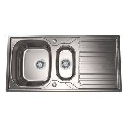 The1810 Veloreduo 1.5 bowl inset stainless steel kitchen sink with reversible drainer  1000mm x 500mm top view showing main and secondary bowls with integrated drainer section