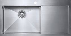 The1810 Zenduo15 stainless steel single bowl kitchen sink with integrated drainer 550mm bowl width satin finish top view showing basket strainer waste