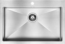 The1810 Zenuno15 400mm single bowl stainless steel flushmount kitchen sink with satin finish and integrated waste basket strainer top-down view
