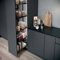 Pull Out Larder Unit, Complete Set, Centre Mounting, Height Adjustable, Full Extension with Premea Lava Grey Solid Base Wire Baskets