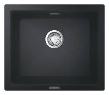 Grohe K700 black quartz composite single bowl kitchen sink  533mm × 457mm  top-down view showing 393mm wide bowl with chrome waste fitting