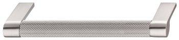 Häfele Amberley D-pull kitchen handle in brushed stainless steel  174mm length with aluminium bar and zinc alloy base  showing 160mm hole centres spacing