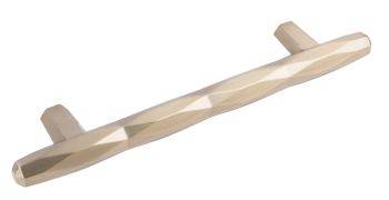 Häfele St. Vincent decorative T-bar kitchen handle in zinc alloy with sculptural curved profile  191 x 37mm  showing golden champagne finish