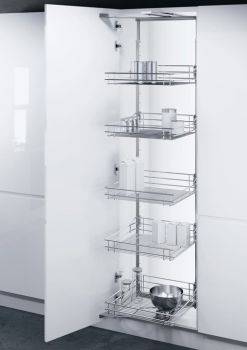 Swing Out Larder Unit, Complete Set, Centre Mount, Height Adjustable, Full Extension with Classic Silver Linear Wire Baskets