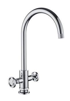The1810 Henry Holt twin lever kitchen mixer tap in chrome with industrial-inspired brass construction  bold curved spout  and dual lever handles