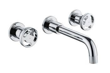 The1810 Henry Holt wall-mounted kitchen tap in chrome with solid brass construction  swivel spout  dual lever handle sets  and industrial-inspired design