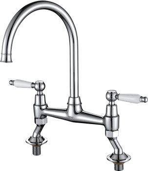 The1810 Moulins Classic Bridge Mixer kitchen tap with arched brass spout  dual ceramic handle sets  and swivel function for sink coverage