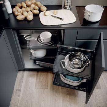 Swing Out Corner Storage, Premea Lava Grey Solid Base and Wire Baskets, Vauth-Sagel VS COR Fold