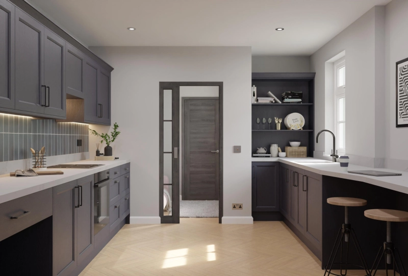 A 3D rendered view of the finished kitchen