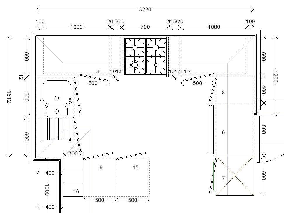 A 2D kitchen plan drawn to the millimetre in ArtiCAD