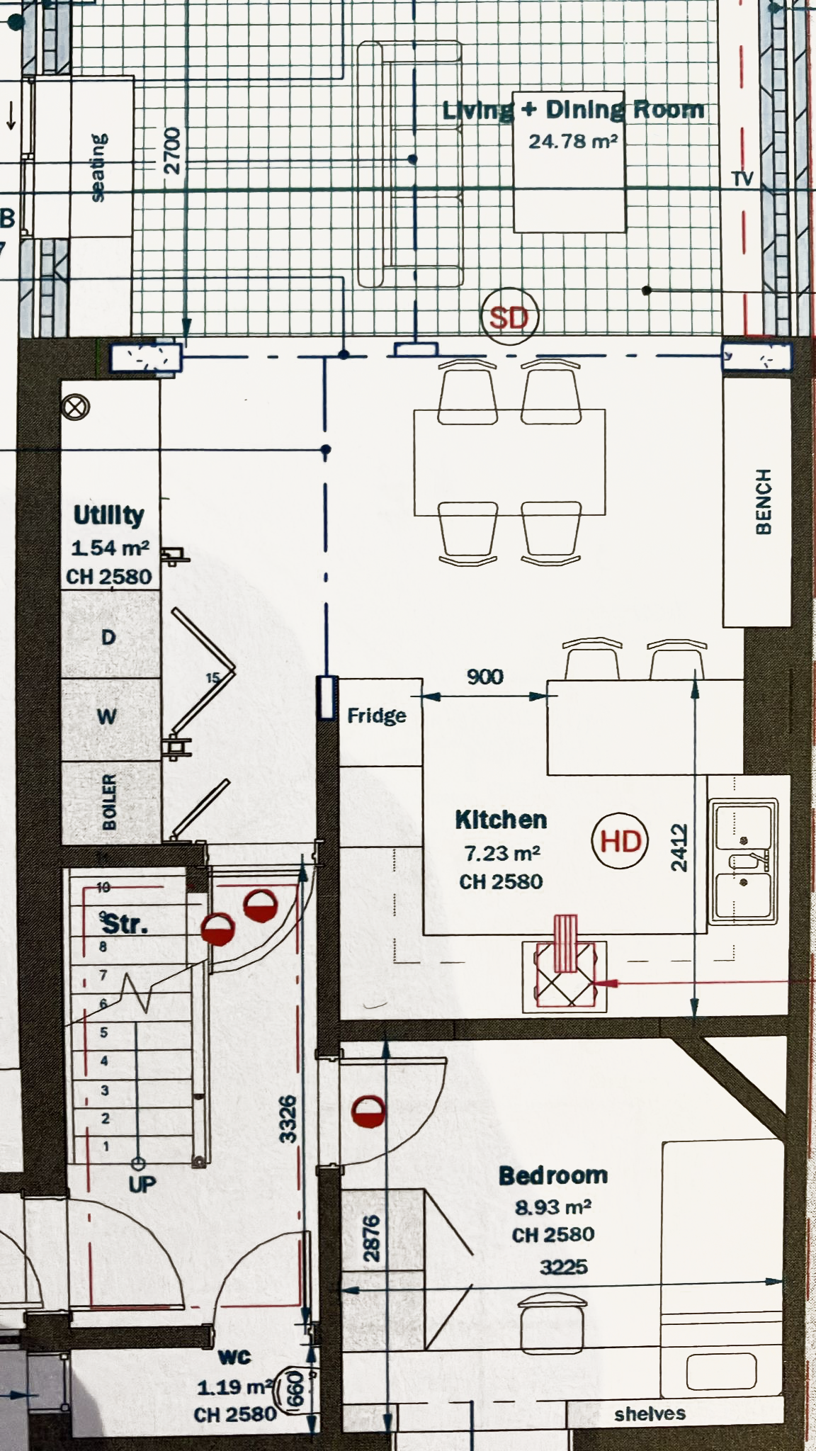 An architect's floor plan of a kitchen